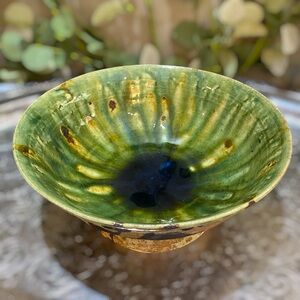 Vintage Artist Signed BB Green Pedestal Pottery Bowl Gorgeous